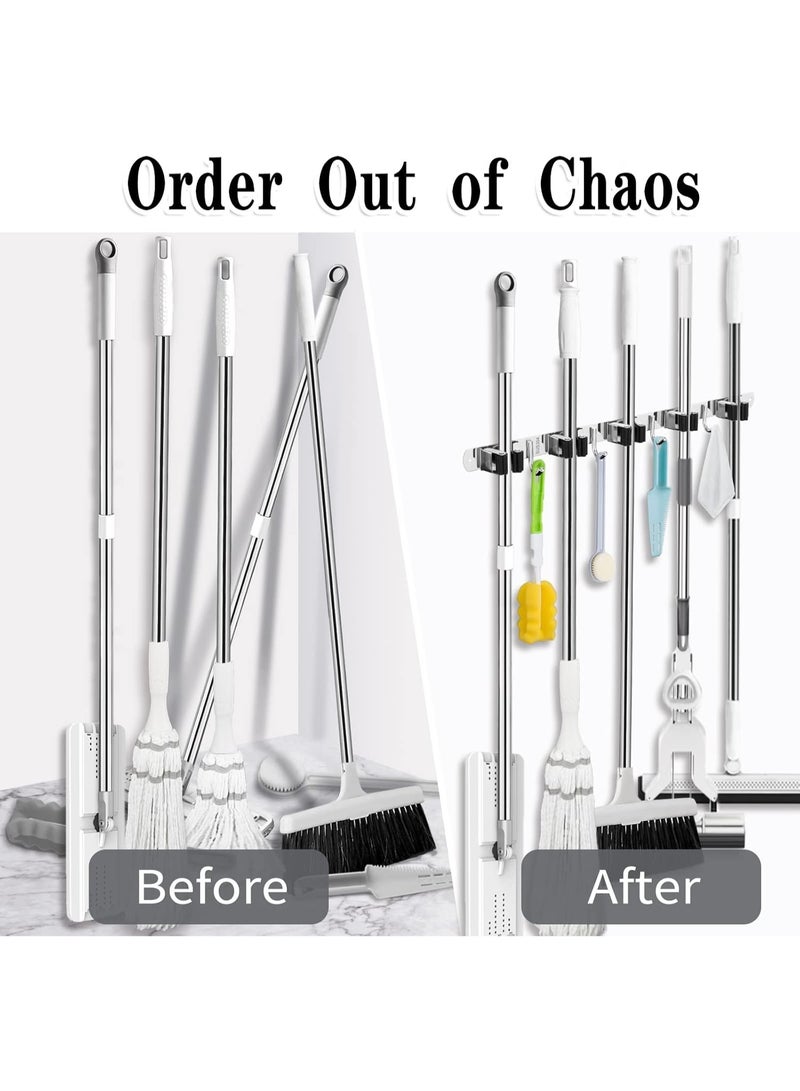 5Holders+4 Hooks  Broom Holder Wall Mounted with Nails Installation, Heavy Duty Stainless Steel Mop Holder, Brush Mop and Broom Storage Self Adhesive - Image 2